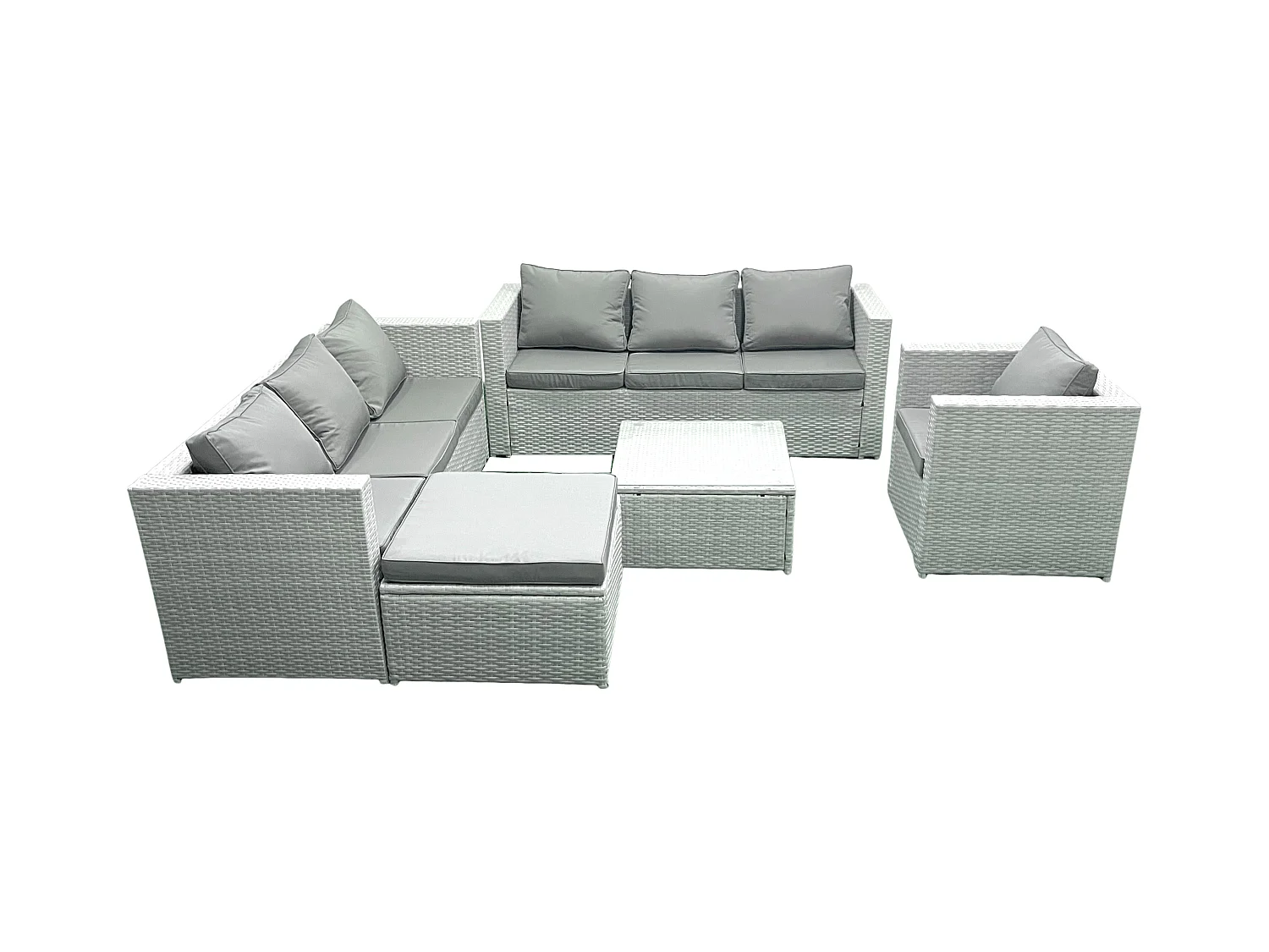 Polyrattan Sofa Gartenmöbel Set mit Sessel Quadratischer Couchtisch 2 Großer Hockern Hellgrau gemischt