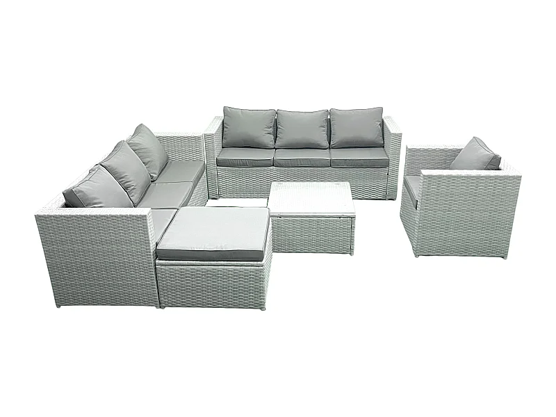 Meubles d'extérieur en rotin avec Fauteuil Table basse carrée Grand tabouret Gris clair mixte