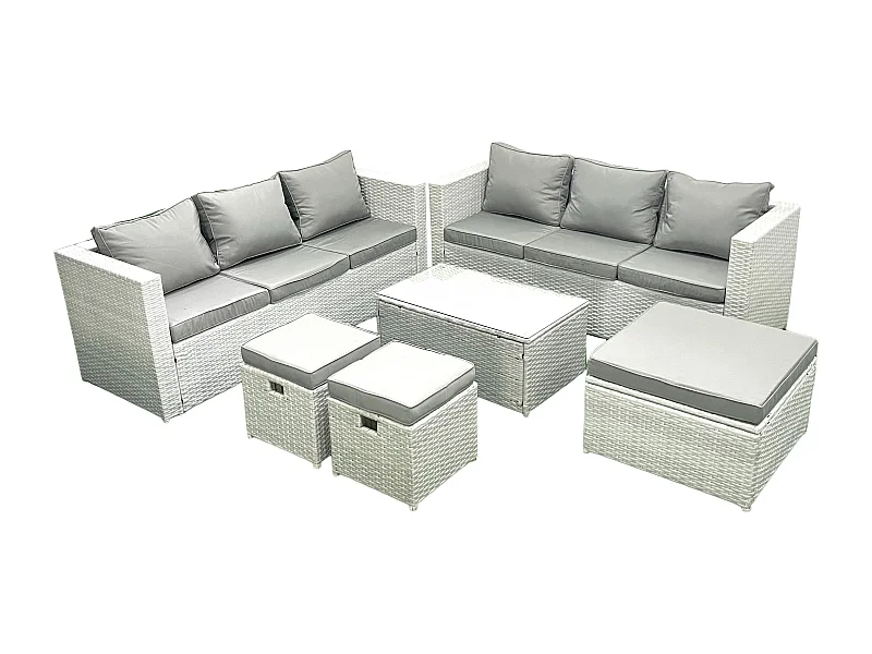 Ensemble de meubles d'extérieur en rotin 9 places avec 3 Tabourets Gris clair mixte