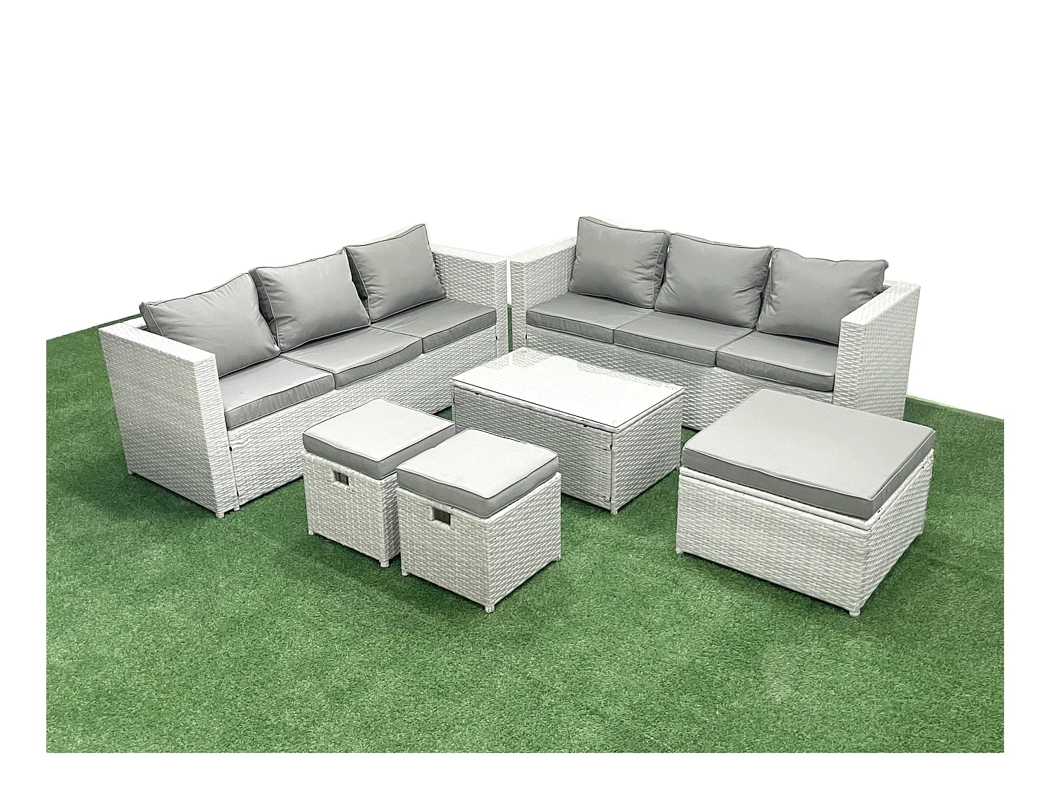 Ensemble de meubles d'extérieur en rotin 9 places avec 3 Tabourets Gris clair mixte