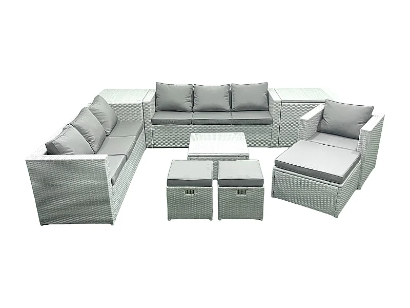 Polyrattan Sofa Gartenmöbel Set mit Sessel Quadratischer Couchtisch 3 Hockern 2 Beistelltischen Hellgrau gemischt