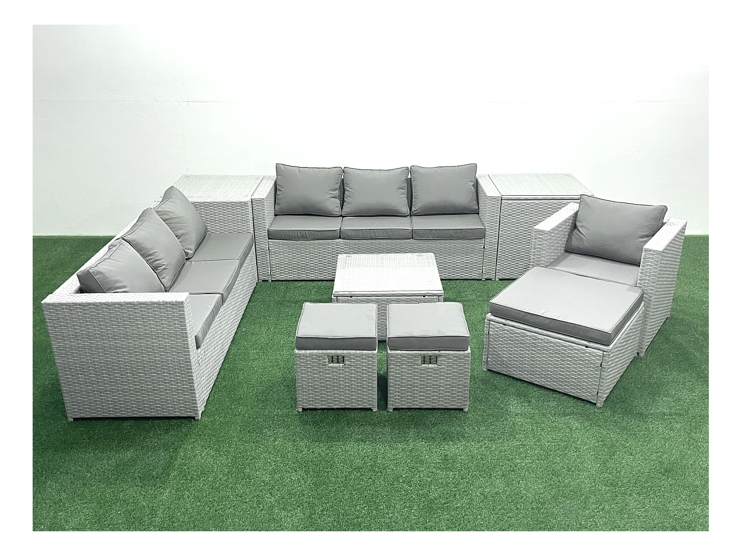 Meubles d'extérieur en rotin avec Fauteuil Table basse carrée 3 Tabourets 2 Tables d'appoint Gris clair mixte