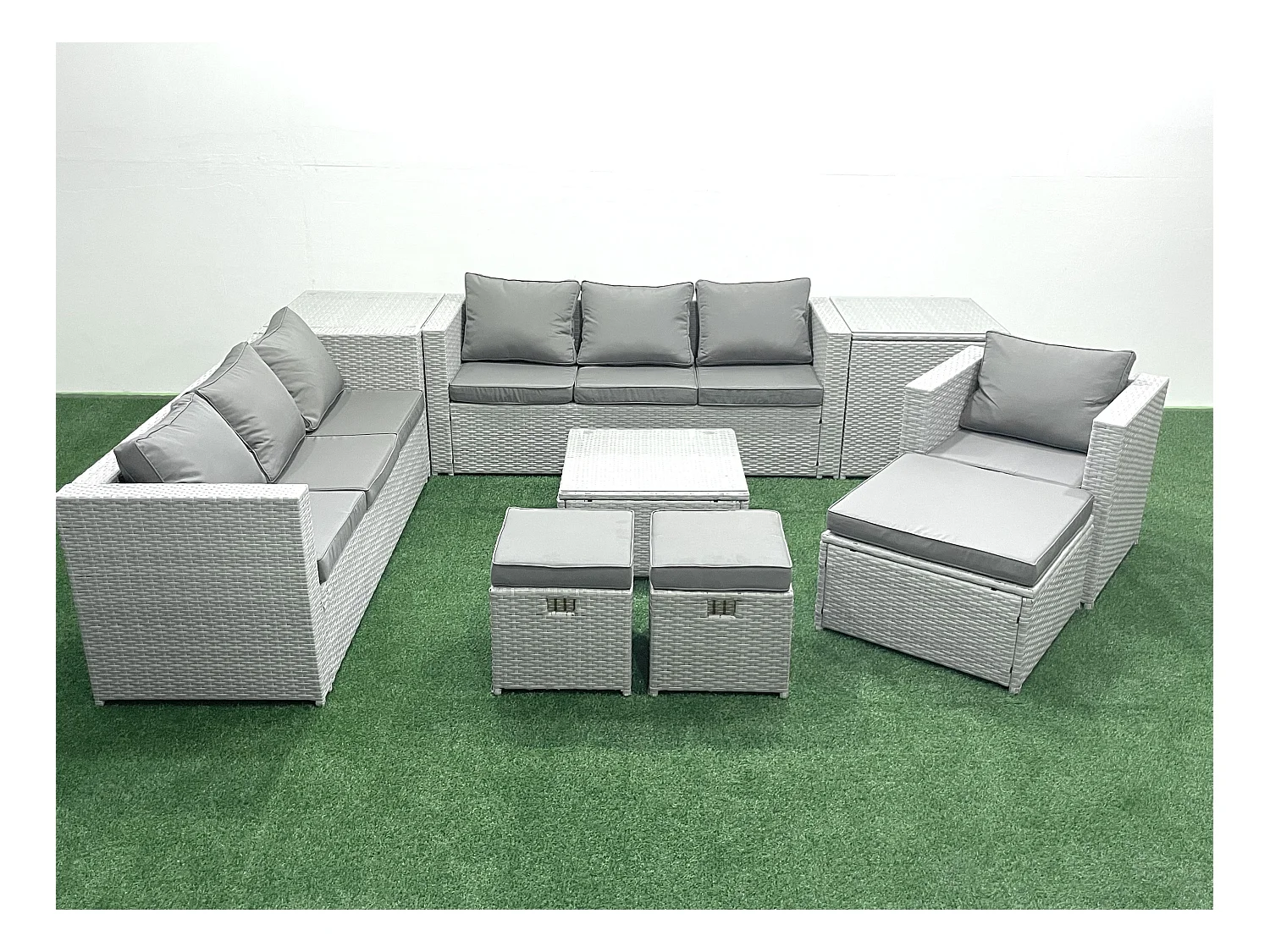 Meubles d'extérieur en rotin avec Fauteuil Table basse carrée 3 Tabourets 2 Tables d'appoint Gris clair mixte