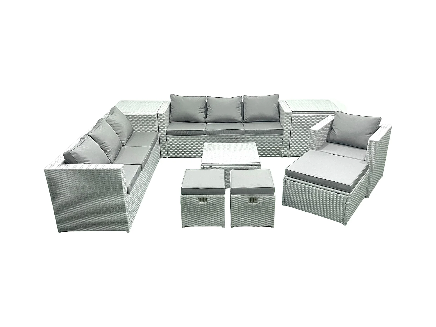 Polyrattan Sofa Gartenmöbel Set mit Sessel Quadratischer Couchtisch 3 Hockern 2 Beistelltischen Hellgrau gemischt