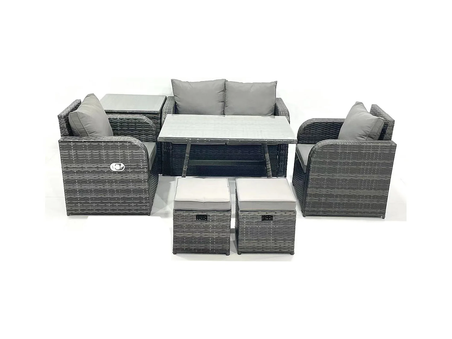 Ensemble de meubles de jardin en polyrotin Rattan Canapé avec Table à manger Chaise inclinable Table d'appoint 2 Petits tabourets Gris foncé mixte