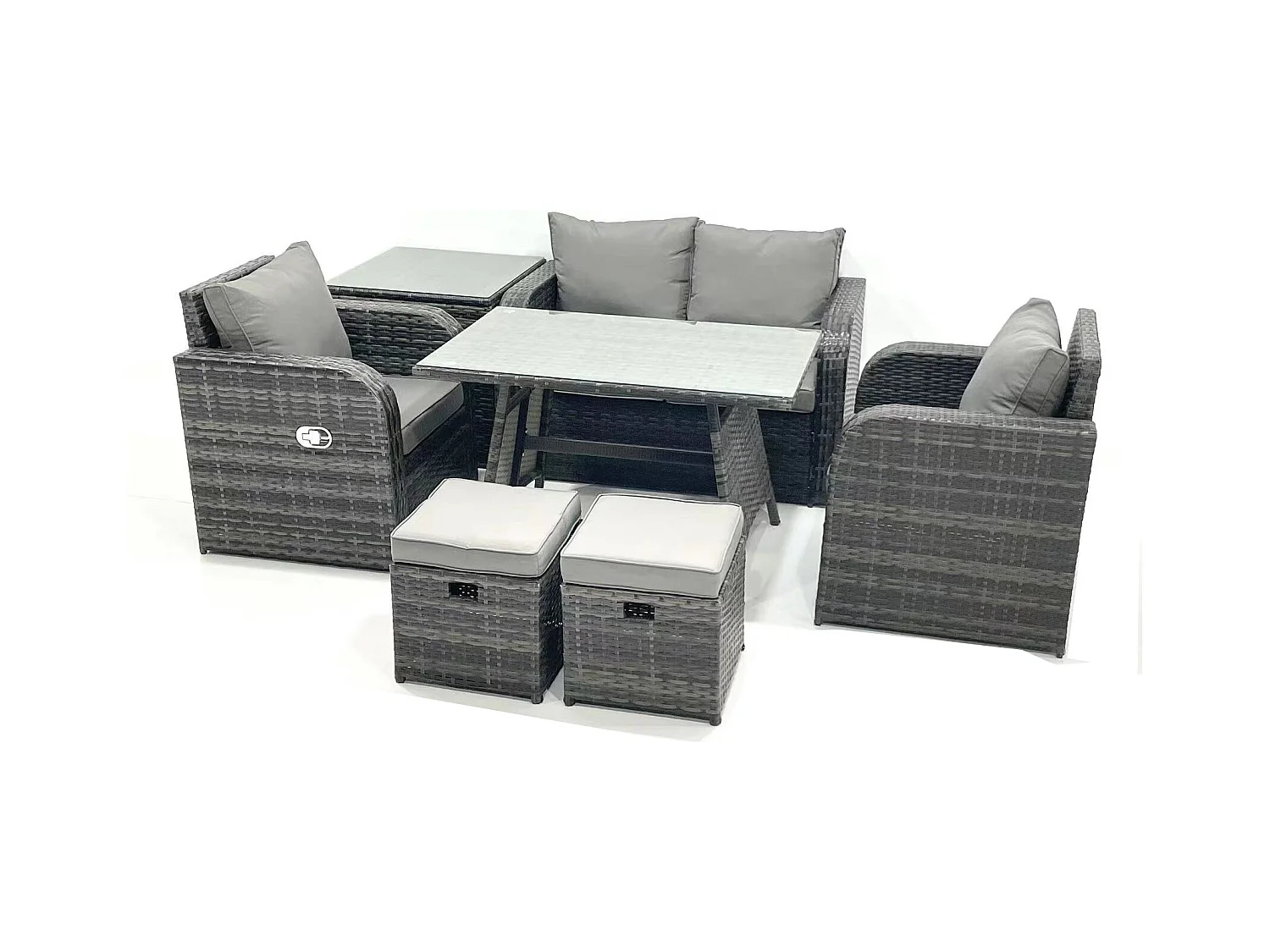 Ensemble de meubles de jardin en polyrotin Rattan Canapé avec Table à manger Chaise inclinable Table d'appoint 2 Petits tabourets Gris foncé mixte