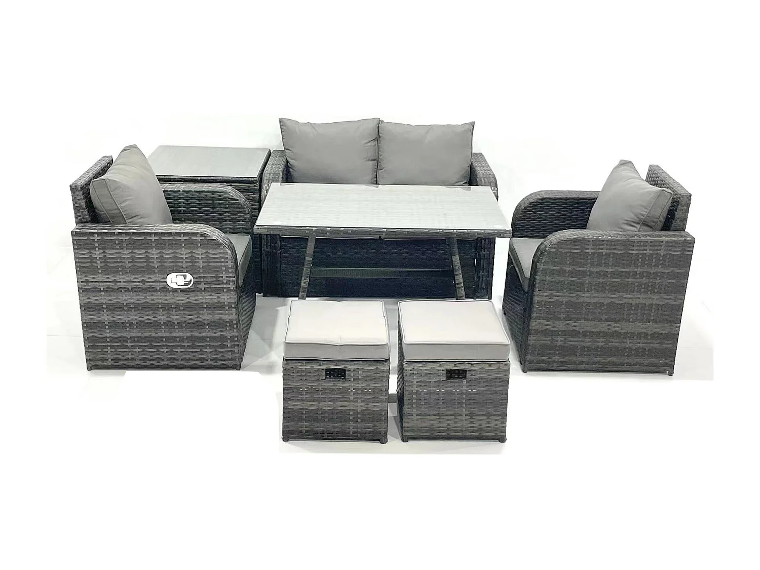 Gartenmöbel-Set Rattan Sofa Esstisch Set mit Liegestühle Beistelltisch 2 kleinen Hockern Dunkelgrau Gemischt