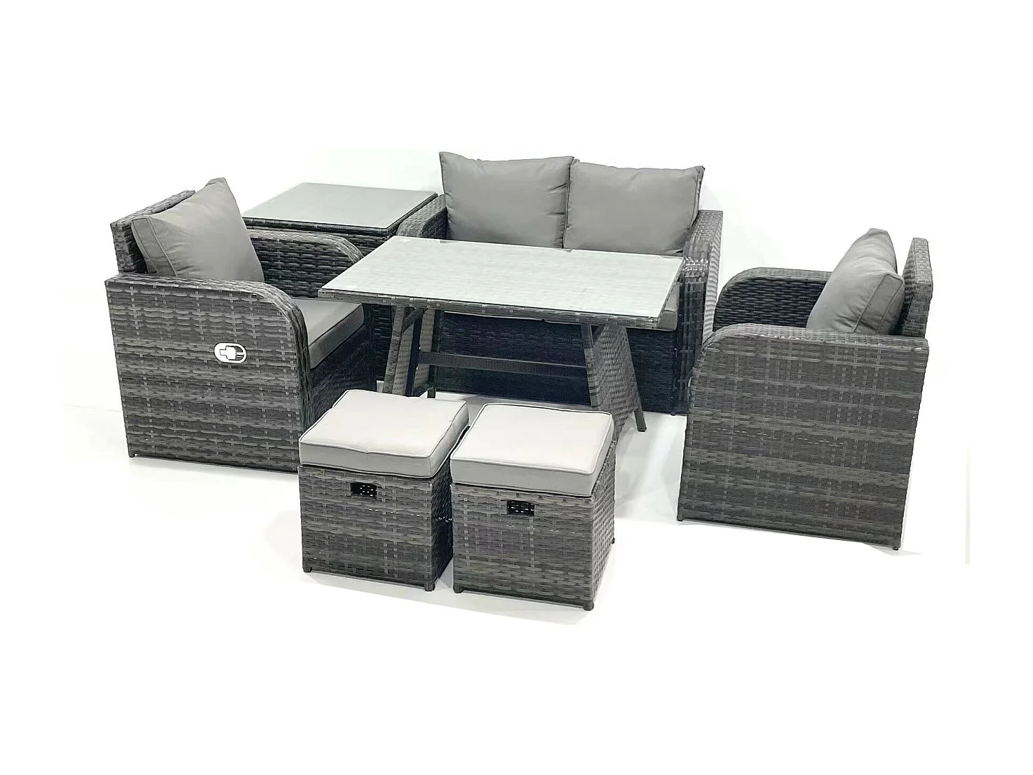 Gartenmöbel-Set Rattan Sofa Esstisch Set mit Liegestühle Beistelltisch 2 kleinen Hockern Dunkelgrau Gemischt