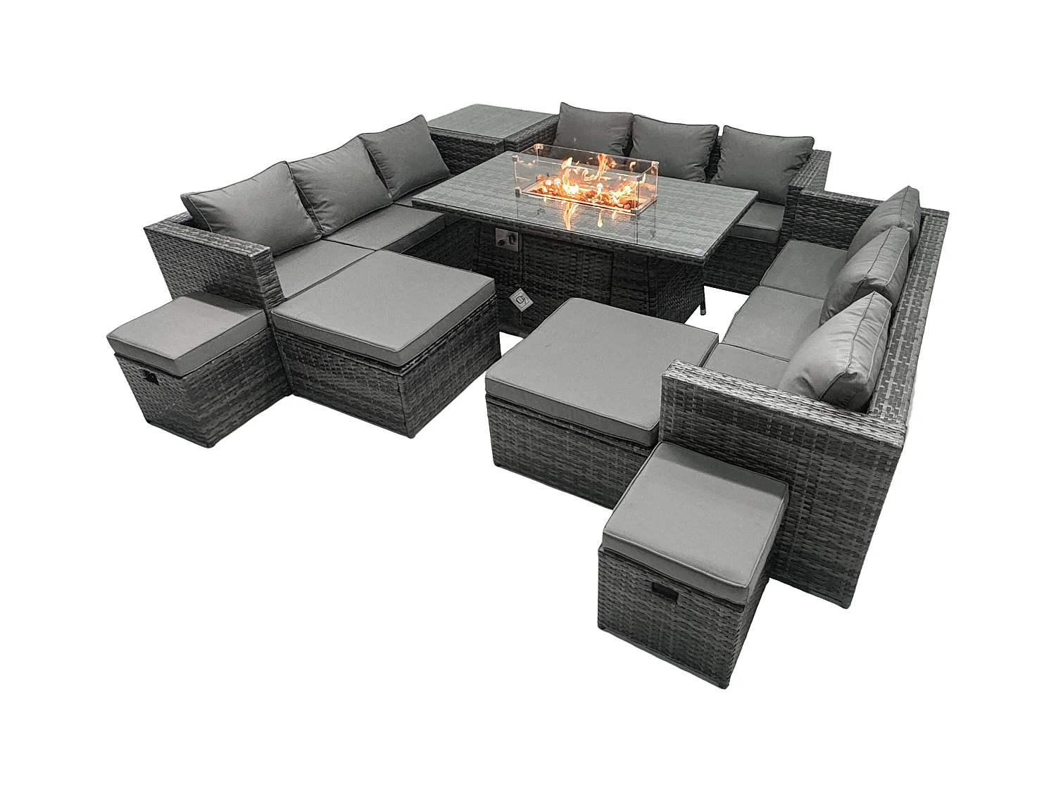 Ensemble de meubles de jardin en rotin ave Table de foyer à gaz 13 places Canapé Lounge Firepit Dining Table avec 4 Tabourets Tables d'appoint