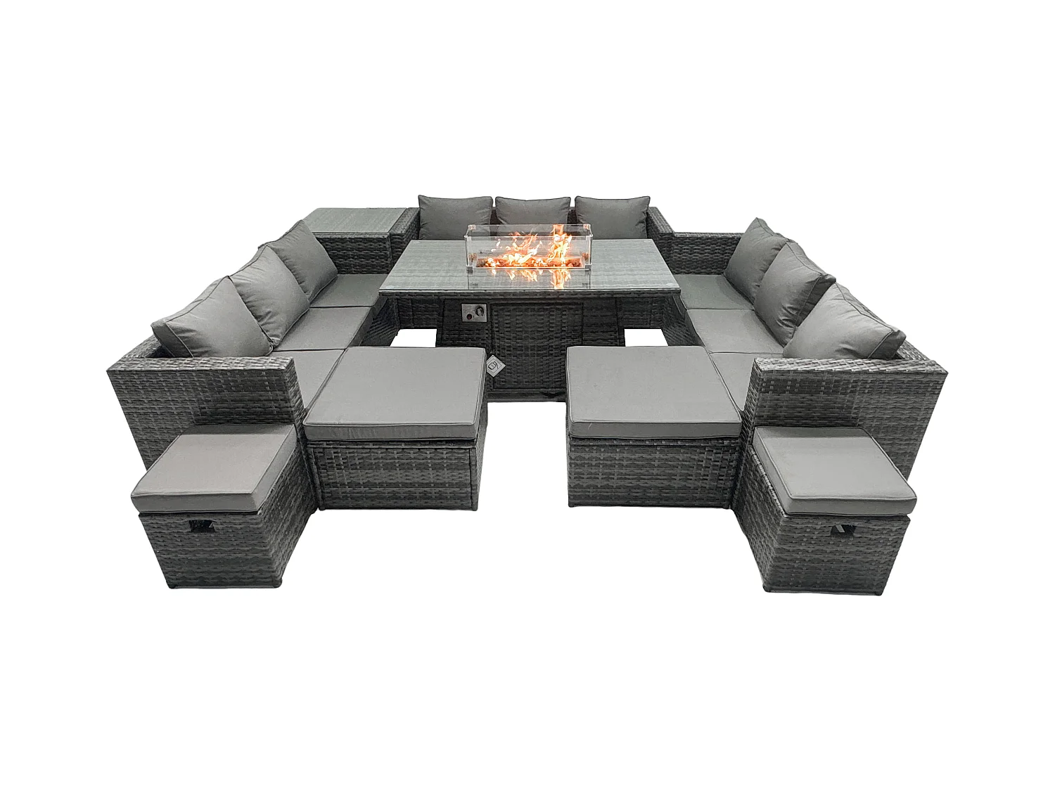 Rattan Gartenmöbel Set 13-Sitzer Garten Sofa Firepit Esstisch Set mit 4 Hockern Beistelltischen