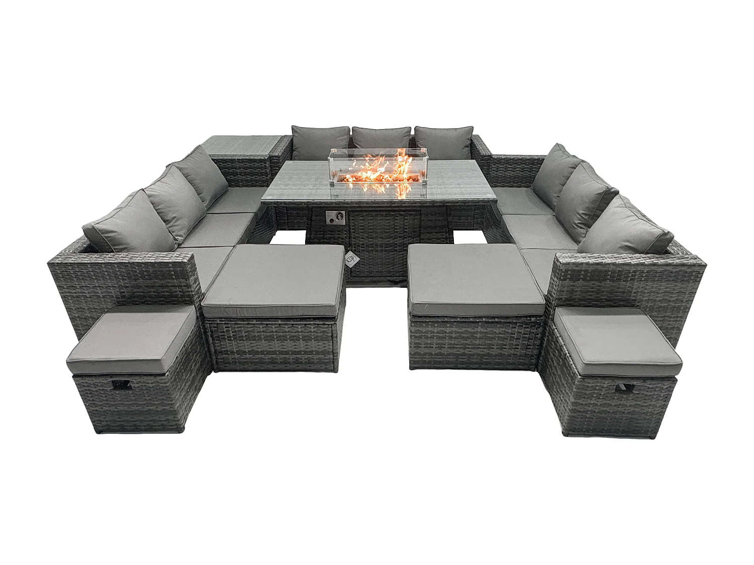 Rattan Gartenmöbel Set 13-Sitzer Garten Sofa Firepit Esstisch Set mit 4 Hockern Beistelltischen