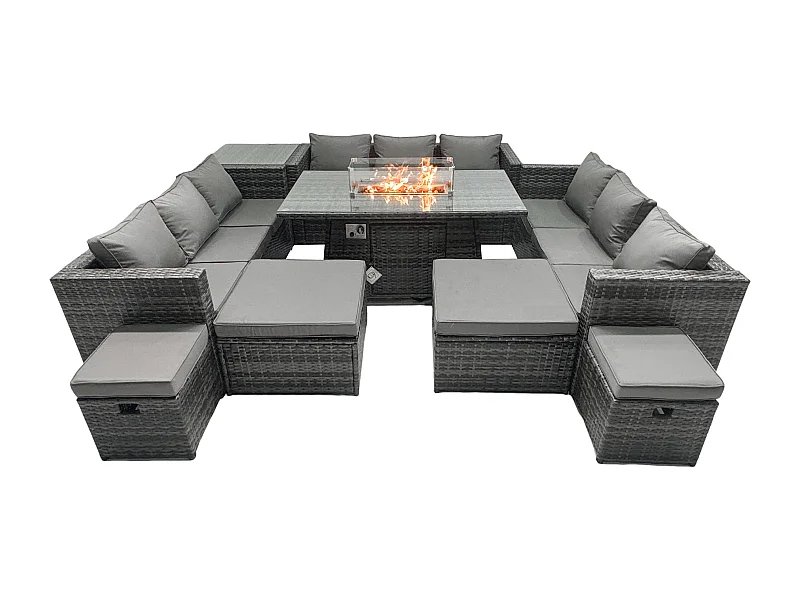 Ensemble de meubles de jardin en rotin ave Table de foyer à gaz 13 places Canapé Lounge Firepit Dining Table avec 4 Tabourets Tables d'appoint
