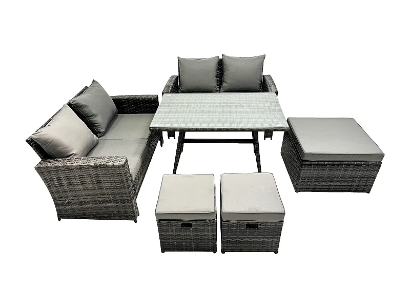 7-Sitzer Garten Esstisch Set Polyrattan Outdoor Möbel Sofa mit Rechteckiger Esstisch Doppelsitz Sofa 3 Hockern Dunkelgrau Gemischt