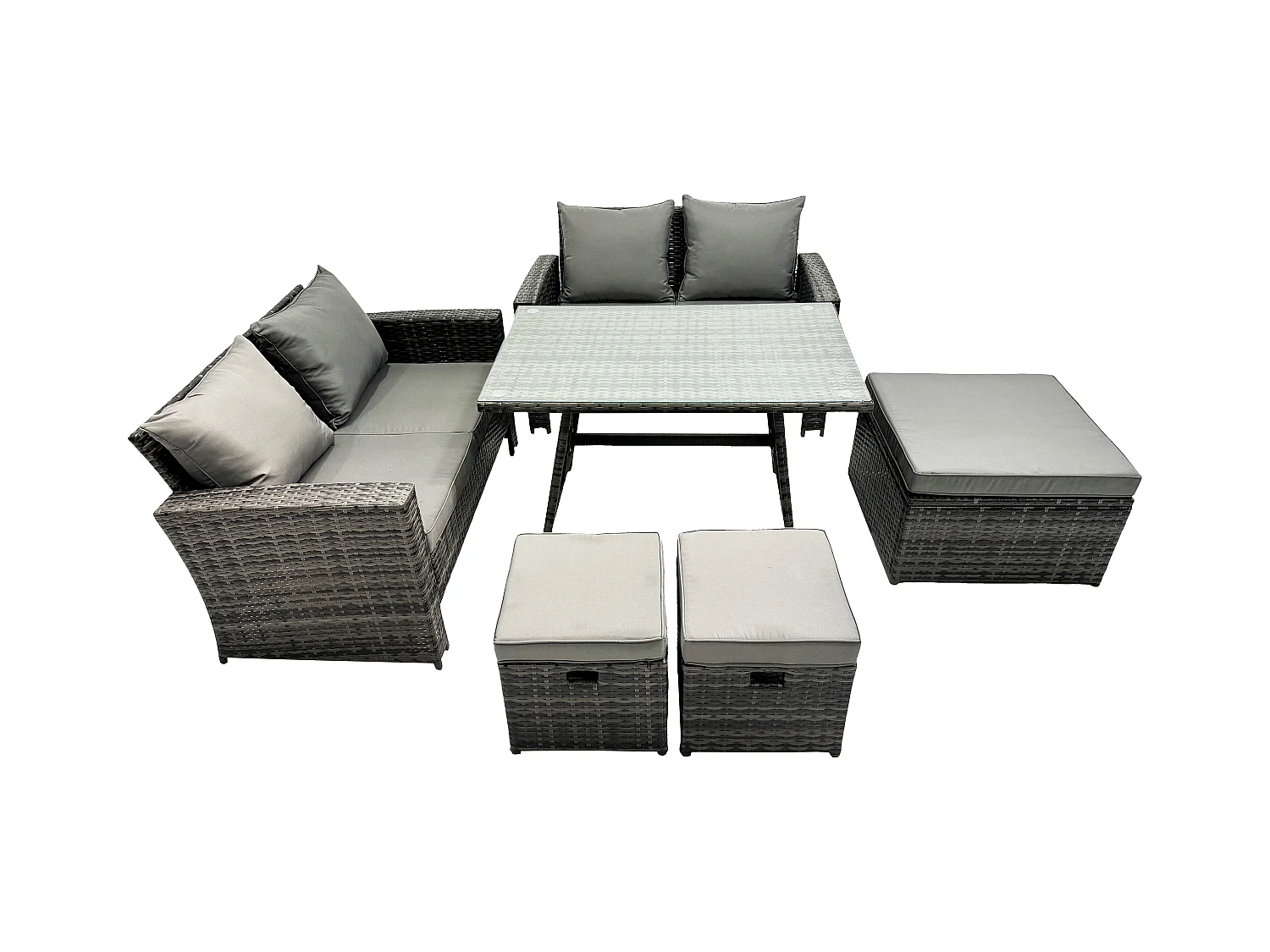 7-Sitzer Garten Esstisch Set Polyrattan Outdoor Möbel Sofa mit Rechteckiger Esstisch Doppelsitz Sofa 3 Hockern Dunkelgrau Gemischt