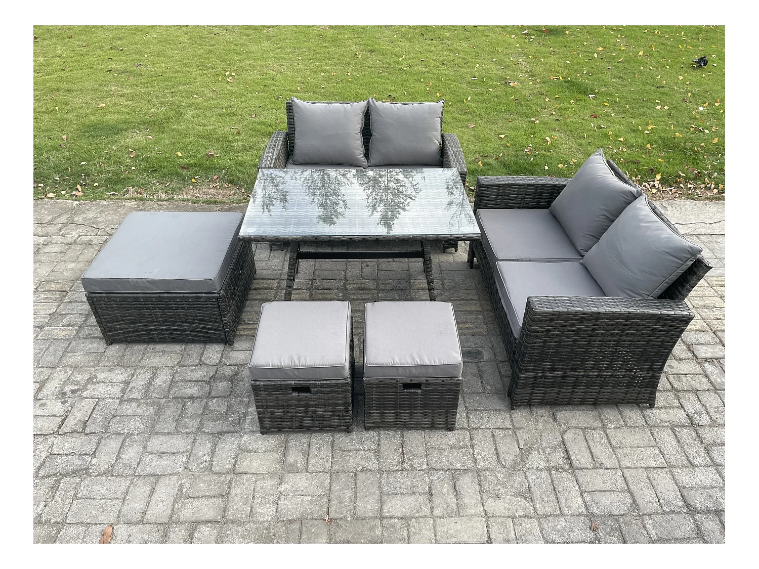 7-Sitzer Garten Esstisch Set Polyrattan Outdoor Möbel Sofa mit Rechteckiger Esstisch Doppelsitz Sofa 3 Hockern Dunkelgrau Gemischt