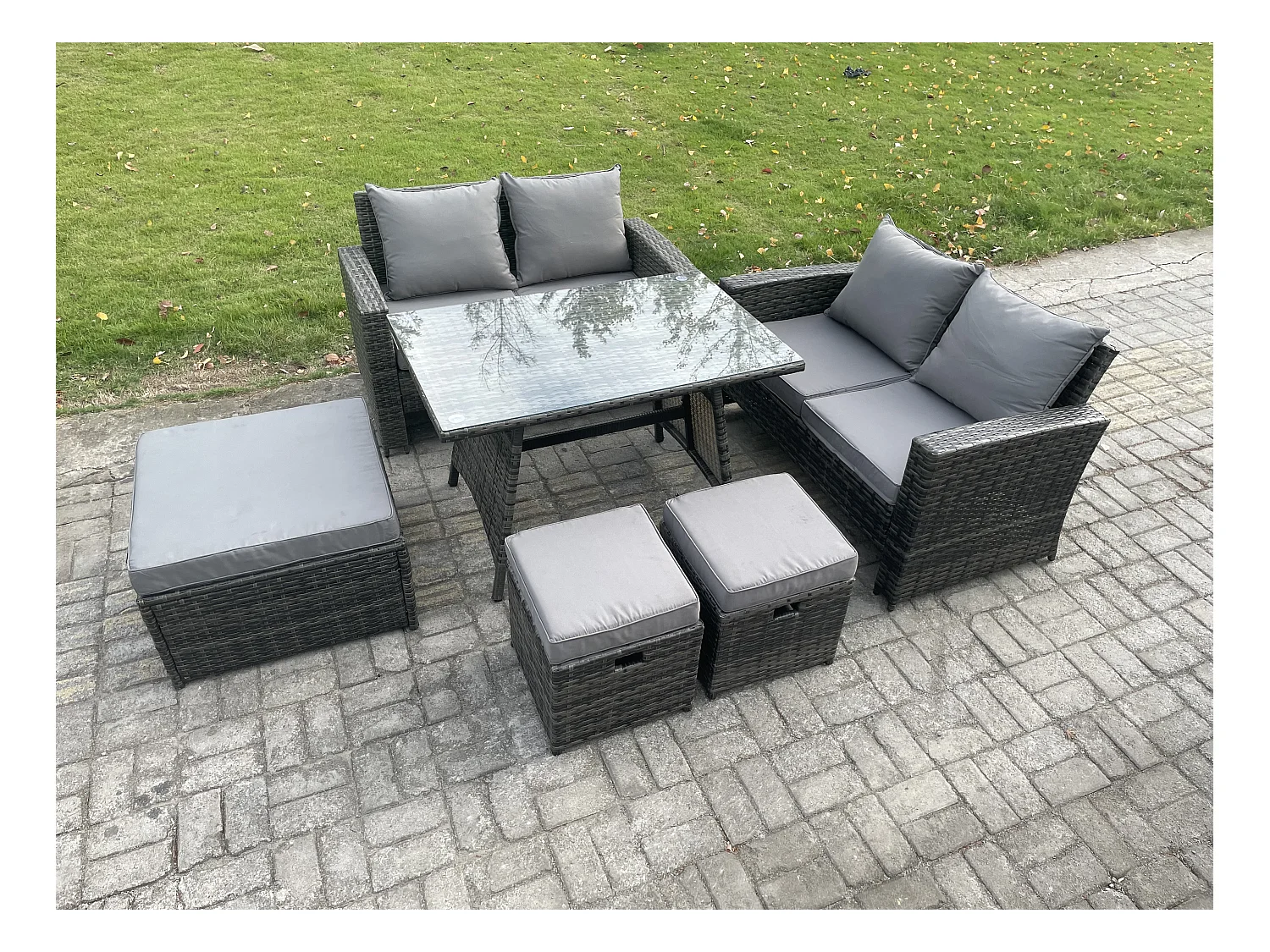 7-Sitzer Garten Esstisch Set Polyrattan Outdoor Möbel Sofa mit Rechteckiger Esstisch Doppelsitz Sofa 3 Hockern Dunkelgrau Gemischt