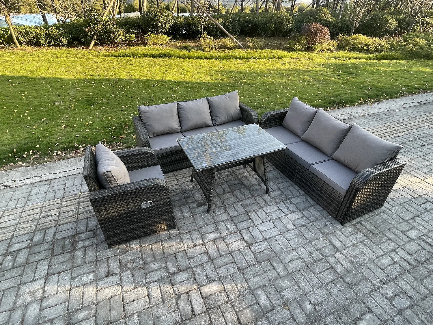 Ensemble de canapés en rotin Salon de jardin avec Table à manger rectangulaire Chaise inclinable Gris foncé mixte