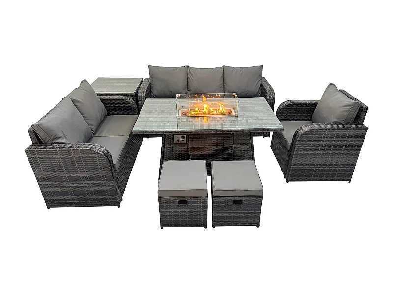 Ensemble Salon de Jardin Extérieur en polyrotin Table de foyer à gaz et Canapé Fauteuil avec Table d'appoint 2 Petits tabourets