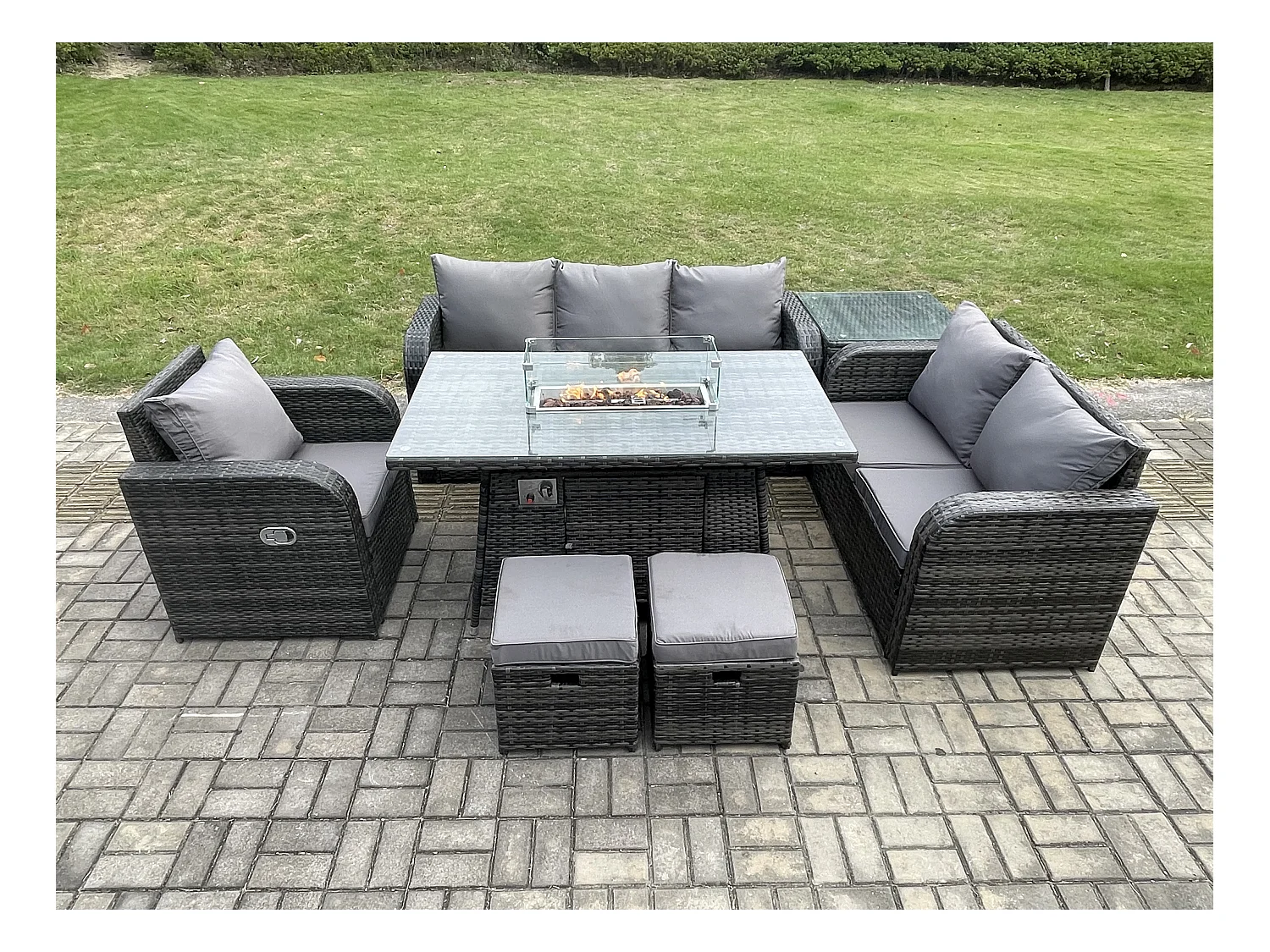 Ensemble Salon de Jardin Extérieur en polyrotin Table de foyer à gaz et Canapé Fauteuil avec Table d'appoint 2 Petits tabourets