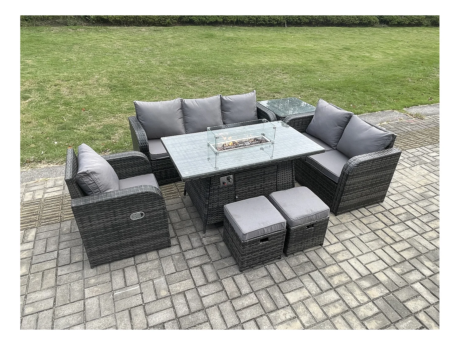 Ensemble Salon de Jardin Extérieur en polyrotin Table de foyer à gaz et Canapé Fauteuil avec Table d'appoint 2 Petits tabourets