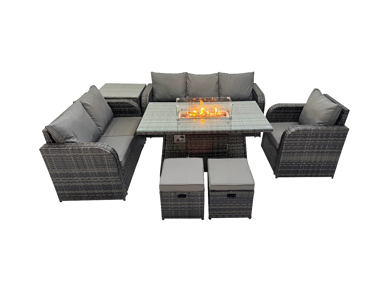 Polyrattan Gartenmöbel Set Garten Sofa im Freien Gasfeuerstelle Esstisch und Sofa Sessel set mit Beistelltisch 2 kleine Fußhockern