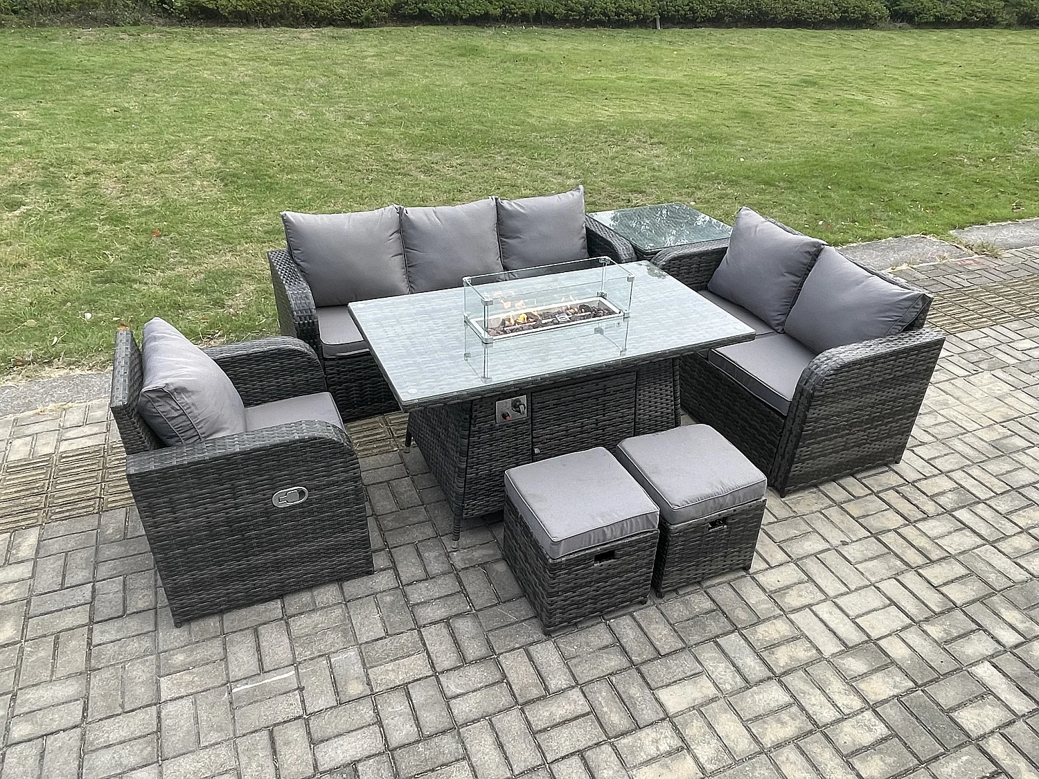 Ensemble Salon de Jardin Extérieur en polyrotin Table de foyer à gaz et Canapé Fauteuil avec Table d'appoint 2 Petits tabourets