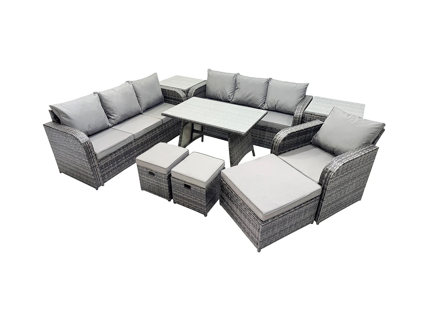 9 Pièces Ensemble de meubles de jardin en polyrotin avec Table à manger rectangulaire Fauteuil 3 Tabourets 2 Tables d'appoint Gris foncé mixte