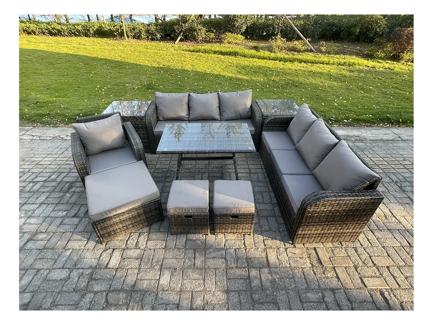 9 Pièces Ensemble de meubles de jardin en polyrotin avec Table à manger rectangulaire Fauteuil 3 Tabourets 2 Tables d'appoint Gris foncé mixte