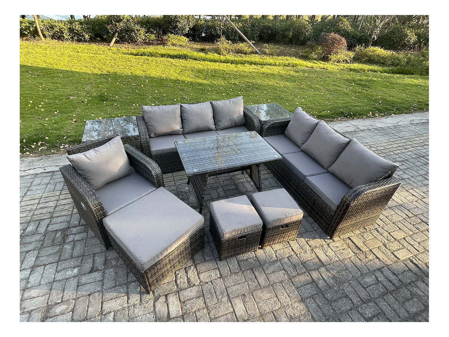 9 Pièces Ensemble de meubles de jardin en polyrotin avec Table à manger rectangulaire Fauteuil 3 Tabourets 2 Tables d'appoint Gris foncé mixte