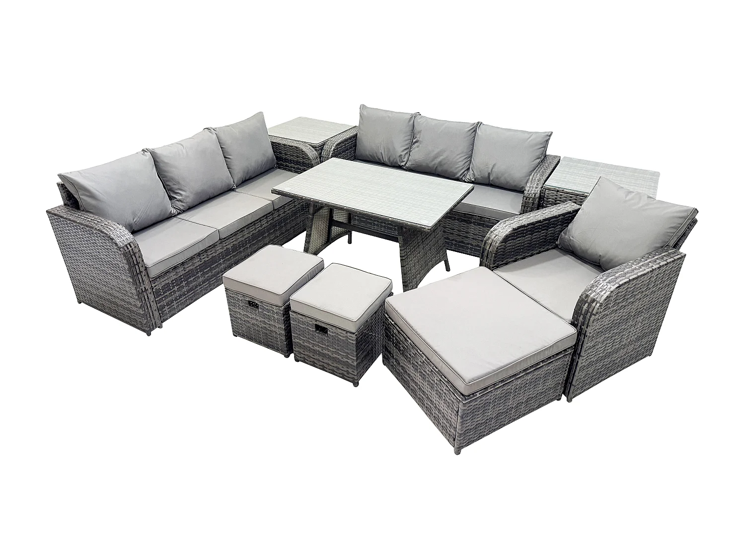 9 Pièces Ensemble de meubles de jardin en polyrotin avec Table à manger rectangulaire Fauteuil 3 Tabourets 2 Tables d'appoint Gris foncé mixte