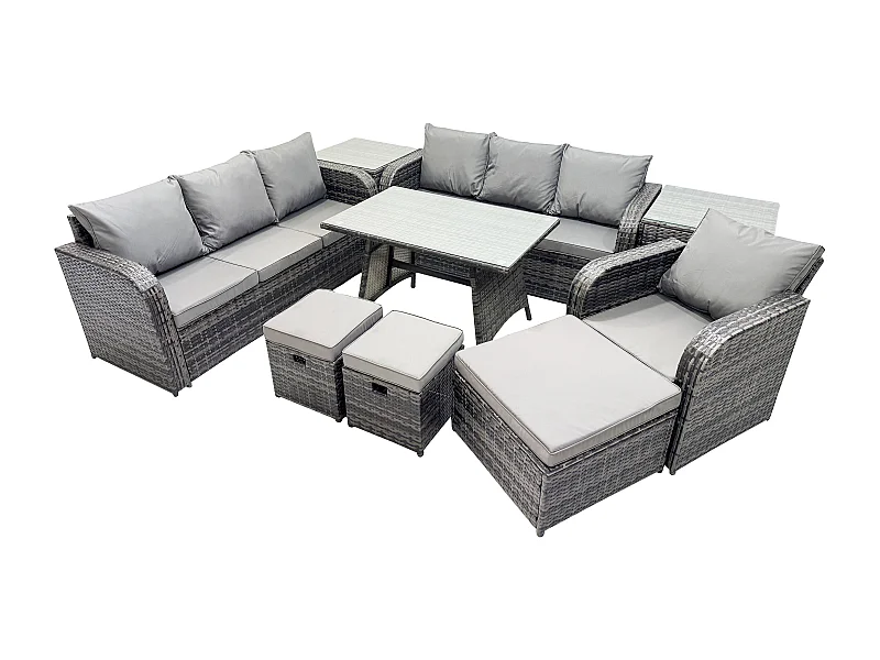 Wicker 9 Stücke Polyrattan Gartenmöbel set mit Rechteckiger Esstisch Sessel 3 Hockern 2 Beistelltischen Dunkelgrau Gemischt