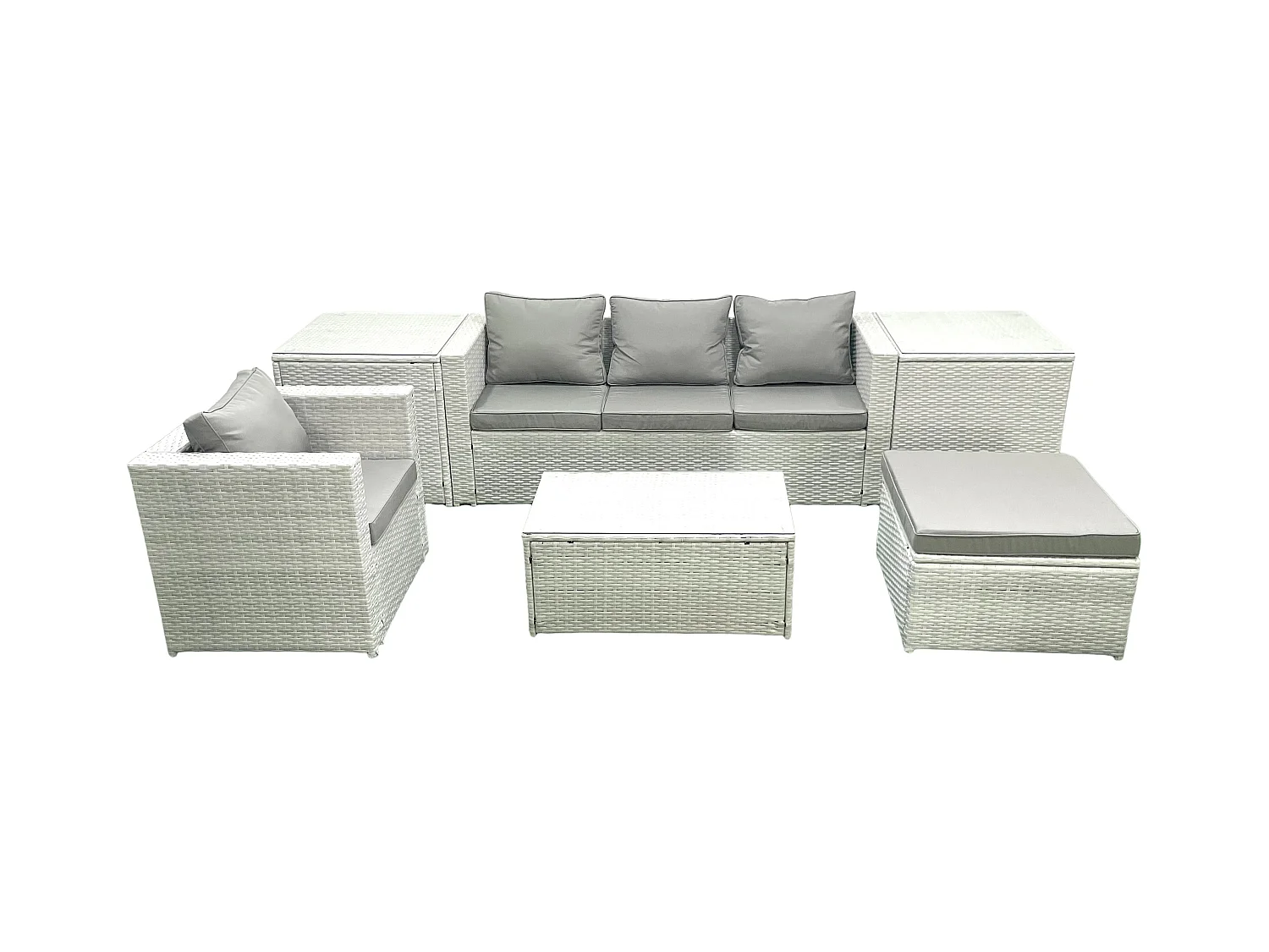 6 Stücke Rattan Gartenmöbel Set Garten Sofa Stuhl Couchtisch Set mit 2 Beistelltischen 2 Großer Hockern Hellgrau gemischt