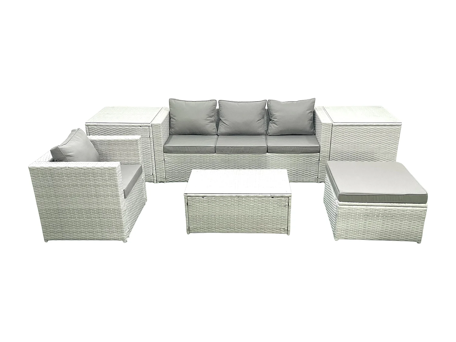 6 Stücke Rattan Gartenmöbel Set Garten Sofa Stuhl Couchtisch Set mit 2 Beistelltischen 2 Großer Hockern Hellgrau gemischt