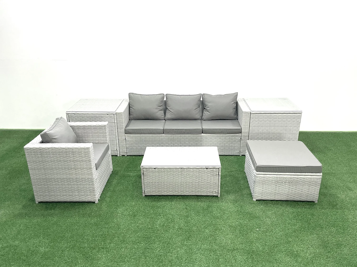 6 Stücke Rattan Gartenmöbel Set Garten Sofa Stuhl Couchtisch Set mit 2 Beistelltischen 2 Großer Hockern Hellgrau gemischt
