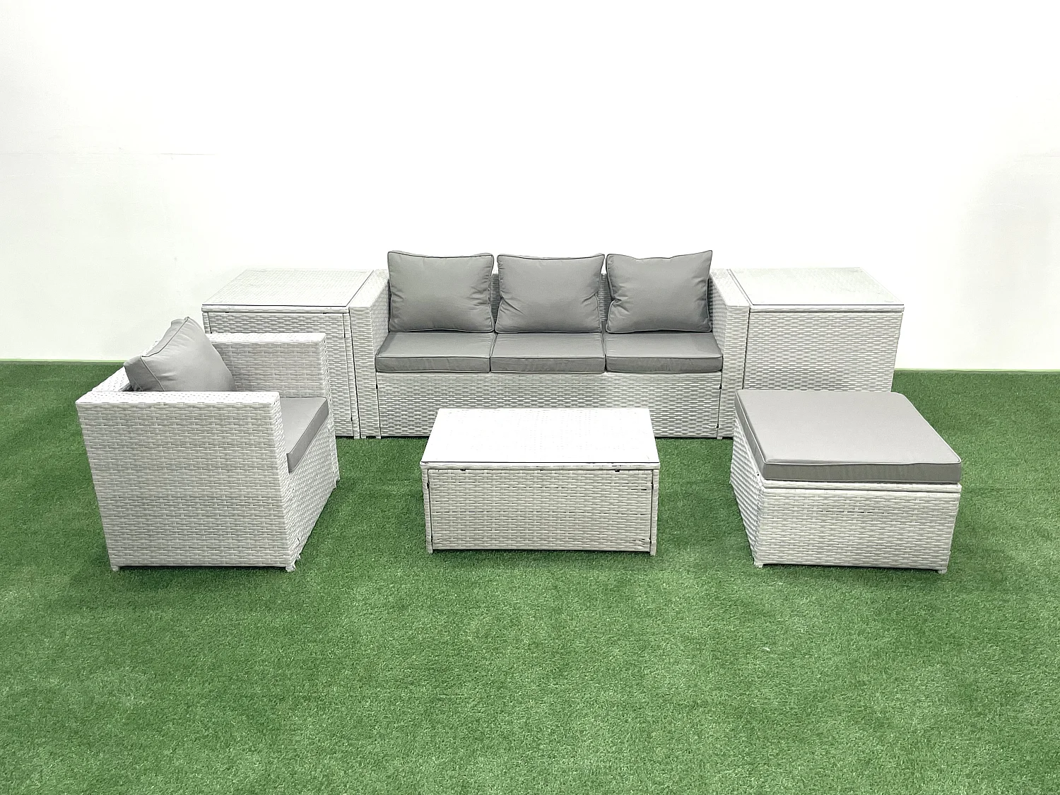 6 Stücke Rattan Gartenmöbel Set Garten Sofa Stuhl Couchtisch Set mit 2 Beistelltischen 2 Großer Hockern Hellgrau gemischt