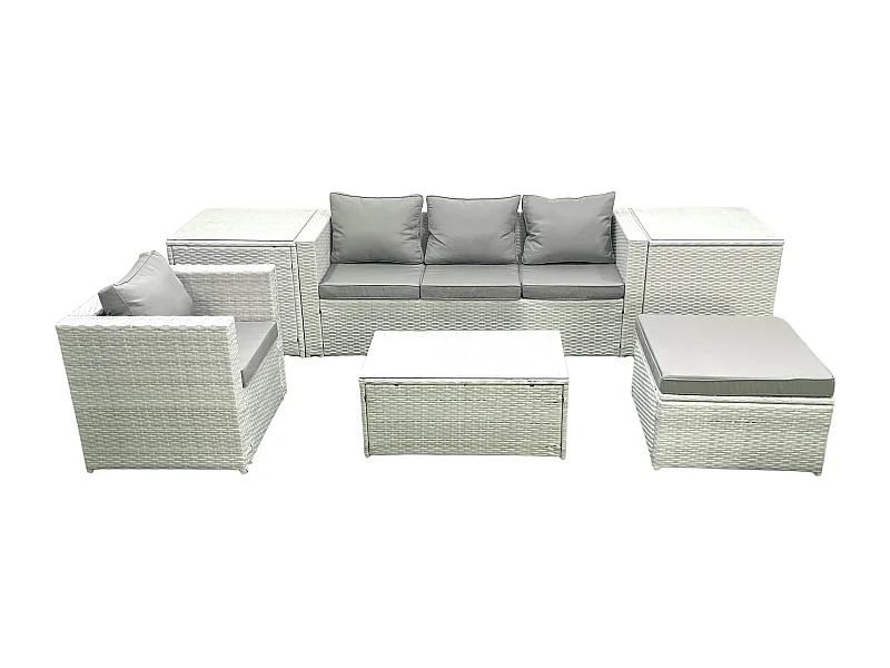 6 Stücke Rattan Gartenmöbel Set Garten Sofa Stuhl Couchtisch Set mit 2 Beistelltischen 2 Großer Hockern Hellgrau gemischt