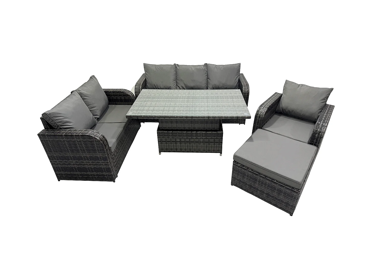 7-Sitzer Rattan Gartenmöbel im Freien Patio höhenverstellbarer Tisch mit 3-Sitzer Sofa Liegestühle Love Sofa Dunkelgrau Gemischt