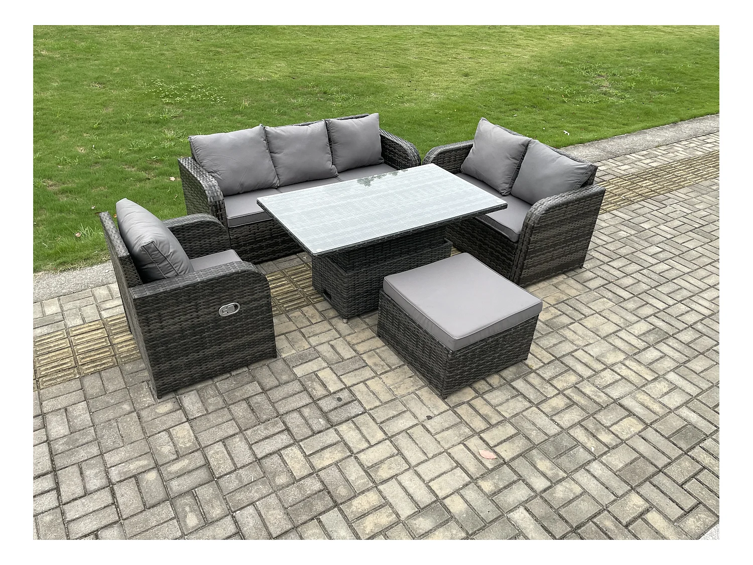 7-Sitzer Rattan Gartenmöbel im Freien Patio höhenverstellbarer Tisch mit 3-Sitzer Sofa Liegestühle Love Sofa Dunkelgrau Gemischt