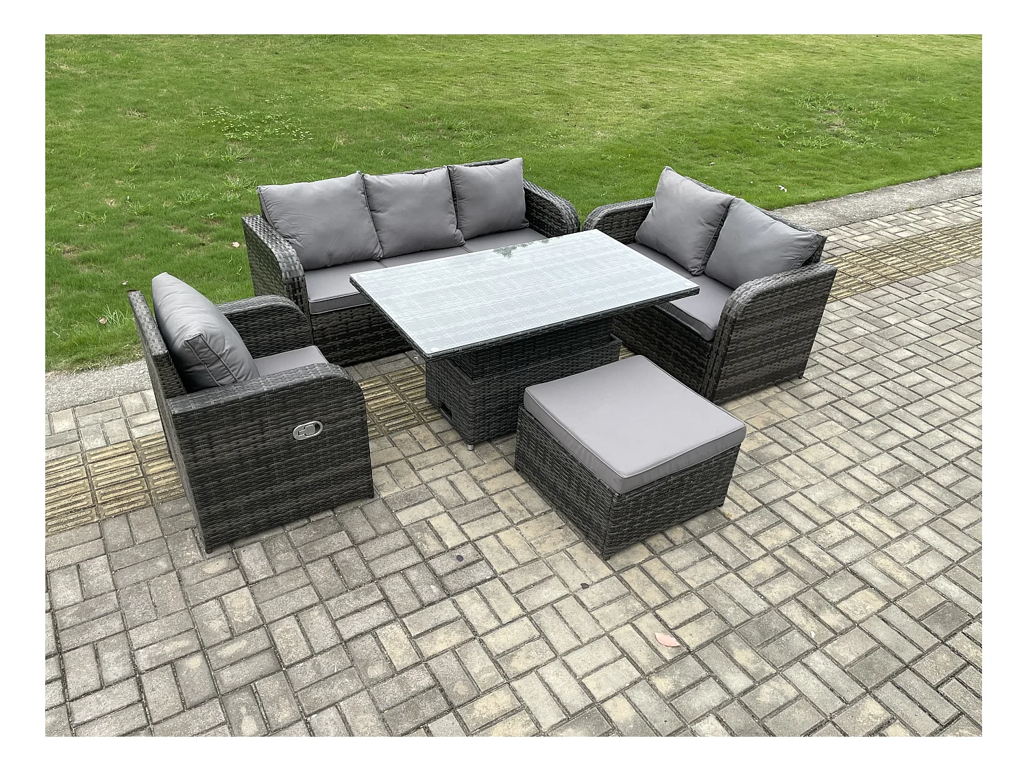 7-Sitzer Rattan Gartenmöbel im Freien Patio höhenverstellbarer Tisch mit 3-Sitzer Sofa Liegestühle Love Sofa Dunkelgrau Gemischt