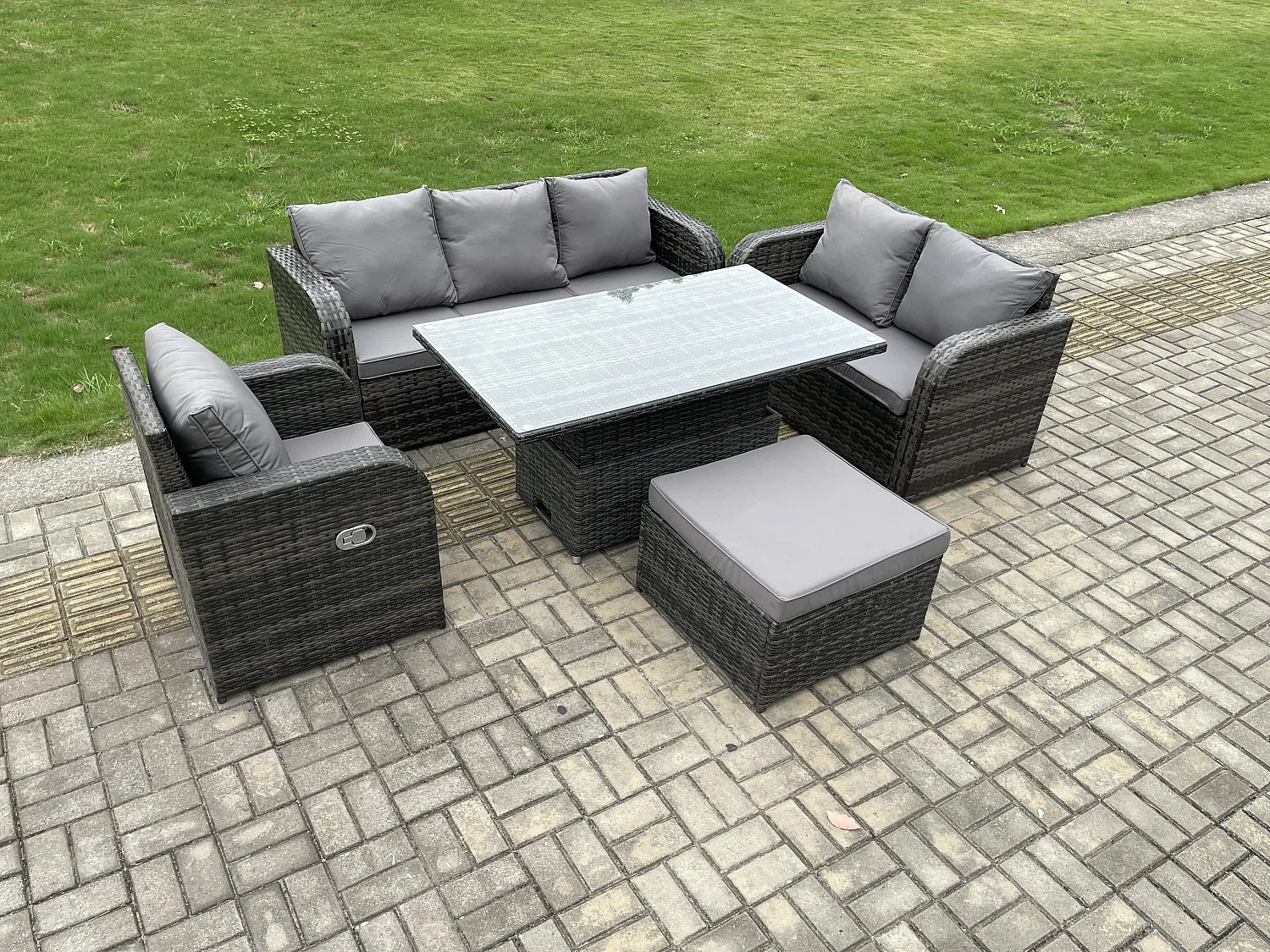 7 places Salon de Jardin en Résine Ensemble Repas de Jardin Exterieur Table à manger réglable en hauteur avec Canapé 3 places Chaise inclinable Canapé d'amour