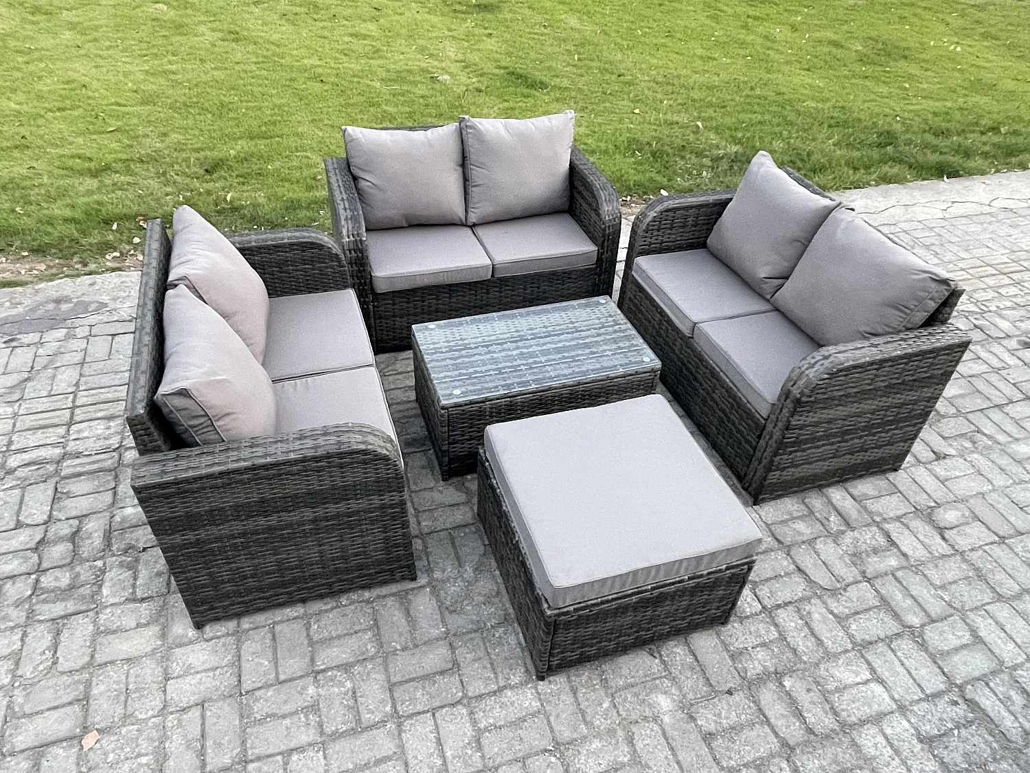 Ensemble de meubles de jardin en polyrotin 7 places avec Table basse rectangulaire Canapé d'amour Grand tabouret Gris foncé mixte