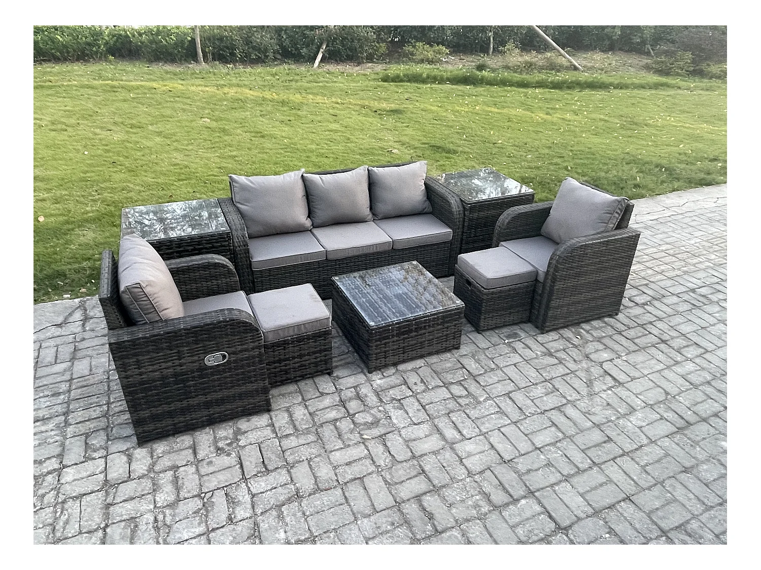 Ensembles de meubles de jardin 7 places Ensemble de canapés en rotin avec Table basse carrée 2 Tables d'appoint 2 Petits tabourets