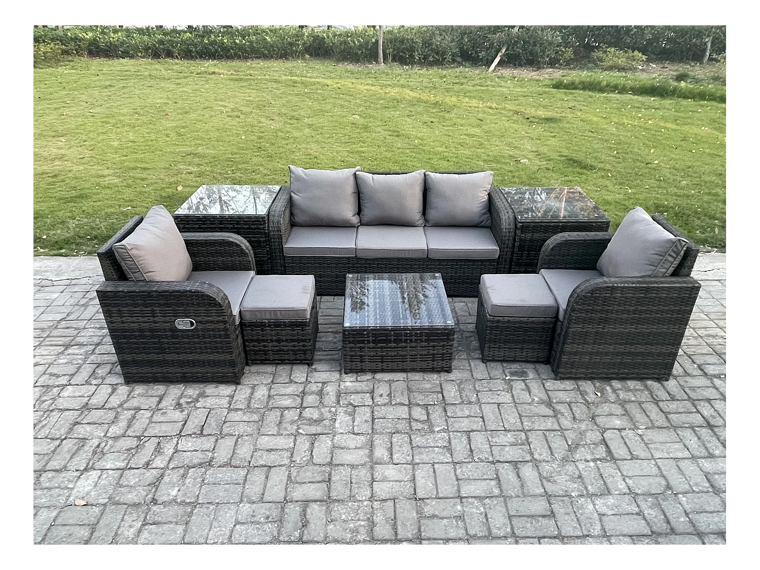 Ensembles de meubles de jardin 7 places Ensemble de canapés en rotin avec Table basse carrée 2 Tables d'appoint 2 Petits tabourets