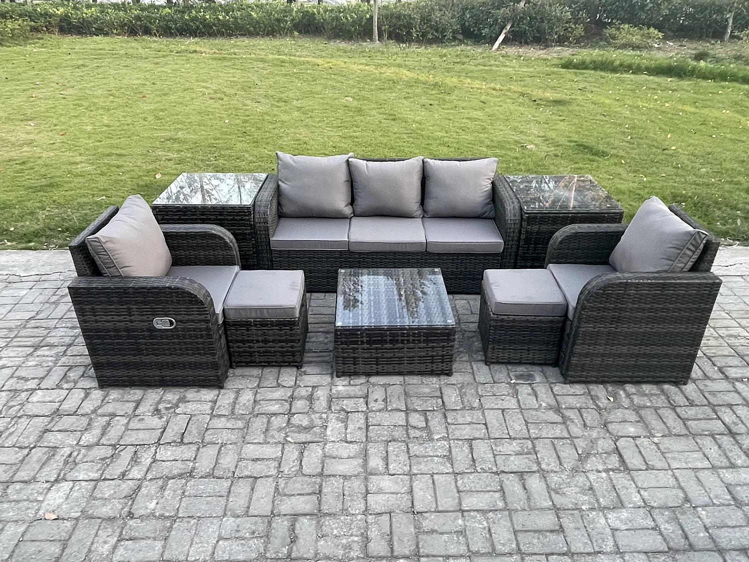 Ensembles de meubles de jardin 7 places Ensemble de canapés en rotin avec Table basse carrée 2 Tables d'appoint 2 Petits tabourets