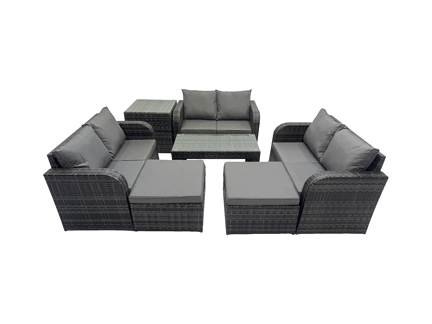 Gartenmöbel-Sets 7 Stücke Polyrattan Möbel Sofa Sets mit Rechteckiger Couchtisch Loveseat Sofa 2 hohen Hockern Beistelltisch