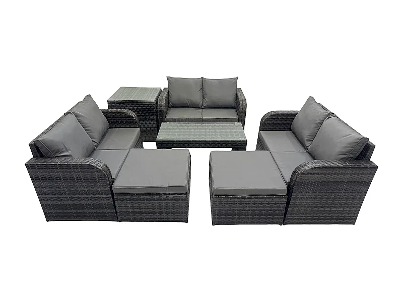 Gartenmöbel-Sets 7 Stücke Polyrattan Möbel Sofa Sets mit Rechteckiger Couchtisch Loveseat Sofa 2 hohen Hockern Beistelltisch