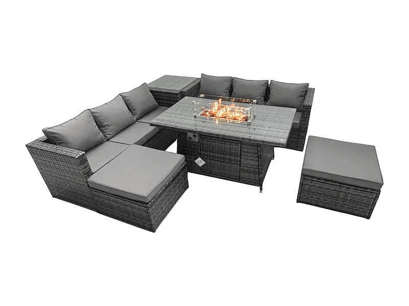 Ensemble de meubles de jardin en rotin ave Table de foyer à gaz 6 places Ensemble de canapés avec Tables d'appoint 2 Tabourets