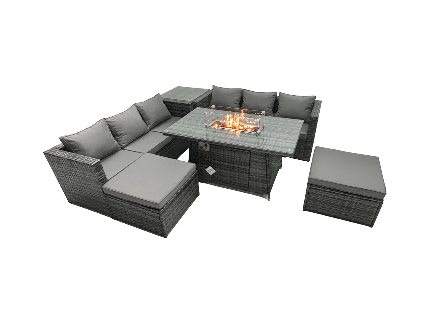 Ensemble de meubles de jardin en rotin ave Table de foyer à gaz 6 places Ensemble de canapés avec Tables d'appoint 2 Tabourets