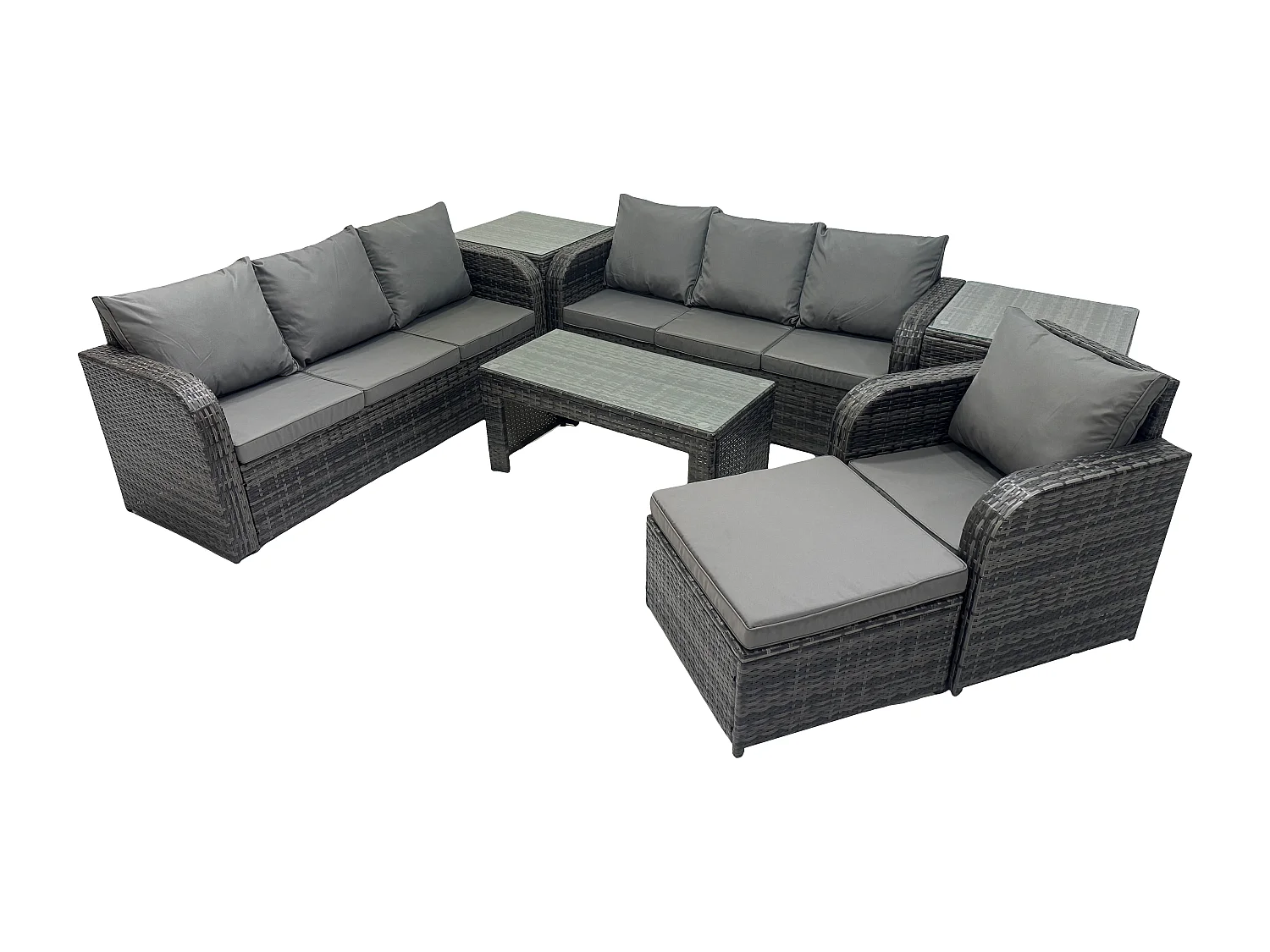 8-Sitzer Garten Sofa im Freien Set Polyrattan Gartenmöbel Set mit Rechteckiger Couchtisch 2 Großer Hockern 3-Sitzer Sofa 2 Beistelltischen Dunkelgrau Gemischt