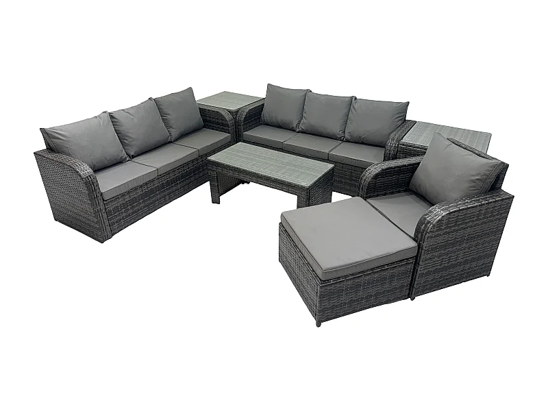 8-Sitzer Garten Sofa im Freien Set Polyrattan Gartenmöbel Set mit Rechteckiger Couchtisch 2 Großer Hockern 3-Sitzer Sofa 2 Beistelltischen Dunkelgrau Gemischt